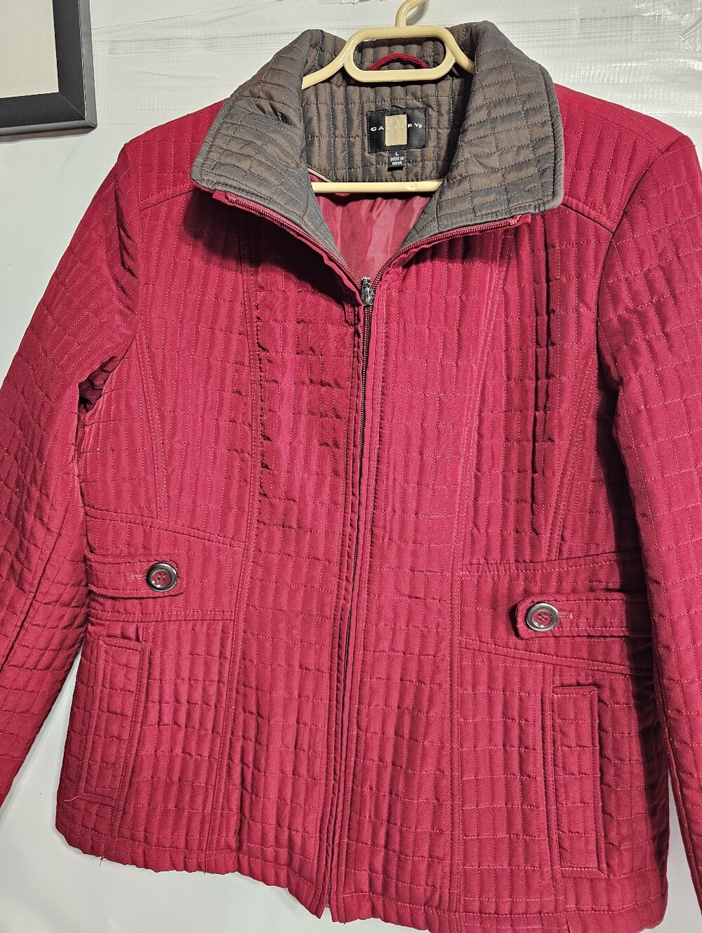 Gallery Red Quilted Zip Jacket Size L — Burgundy Grid Quilt, Button Pockets